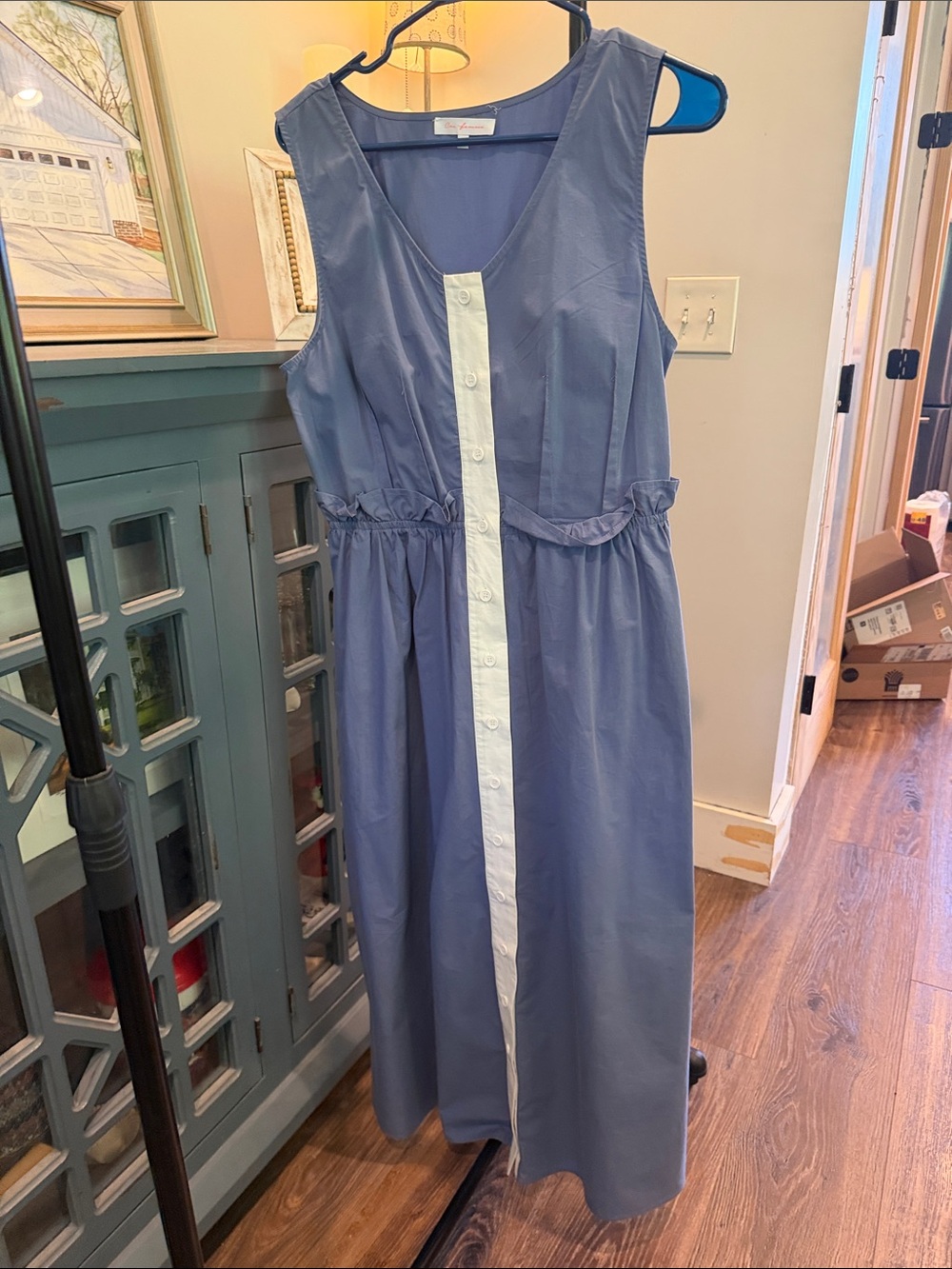 Ces Femme Blue Sleeveless Midi Dress with White Button Placket